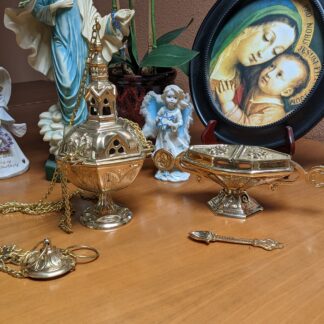 Gothic Brass Thurible/ Censor Set with Boat and Spoon